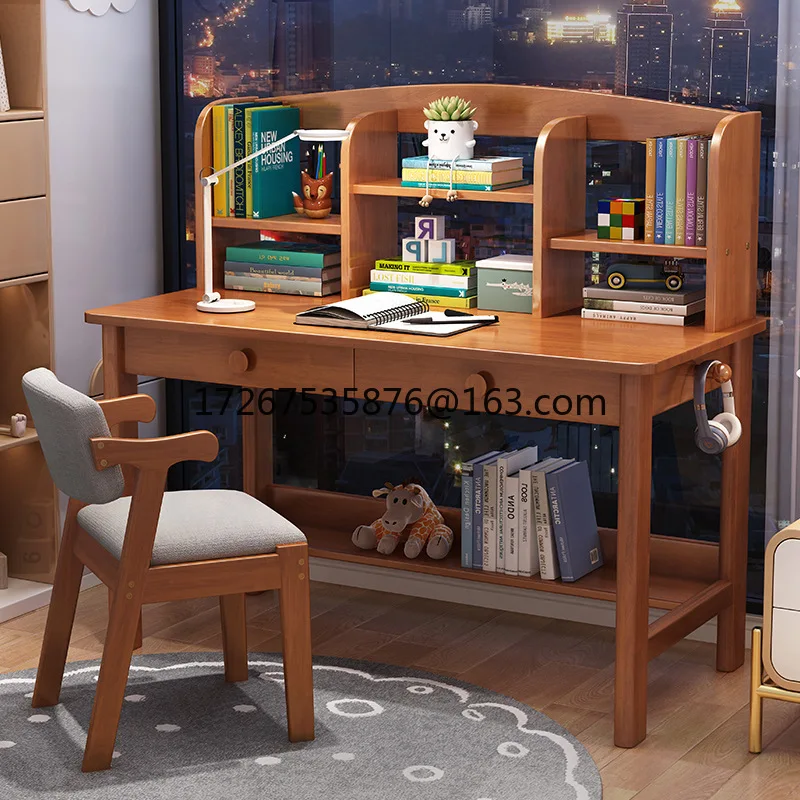 

Study table, chair set, household bedroom, primary school student writing desk with bookshelf, all solid wood desk