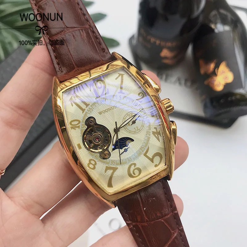 2022 Reloj Hombre Fashion Tonneau Case Automatic Mechanical Wristwatches Men Tourbillon Watches Moon Phase Small Seconds Watch