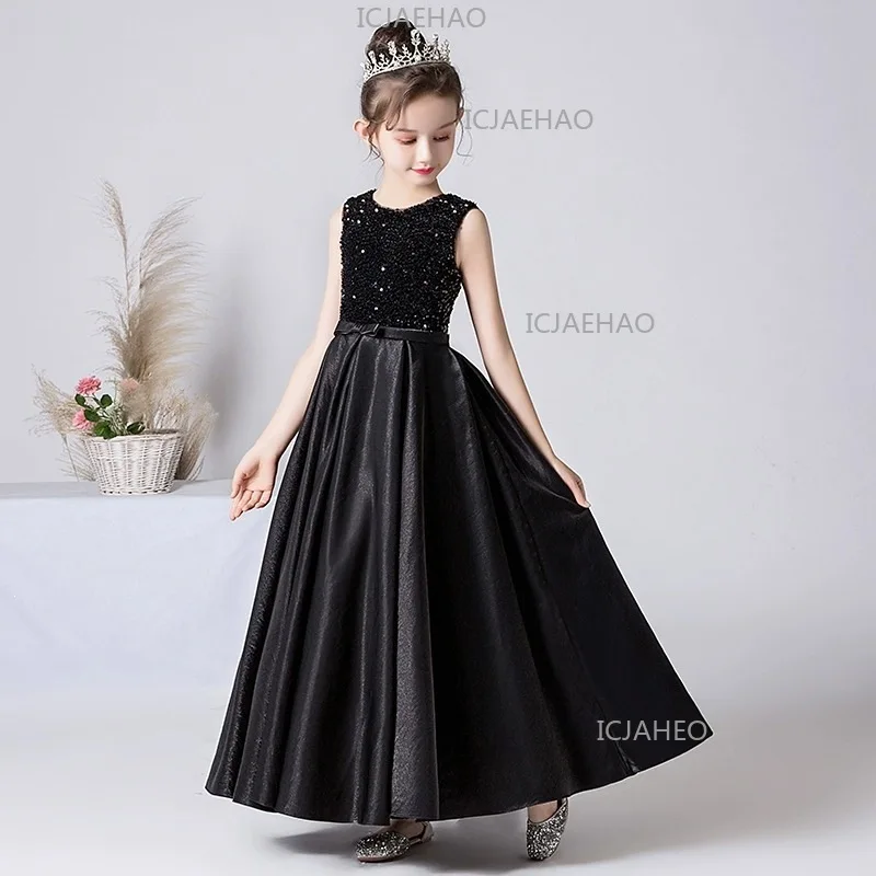 Kids Formal Black Girls Banquet Host  Long Dress Elegant Fashion Clothes Evening Gown Student Piano Performance Concert Sequin