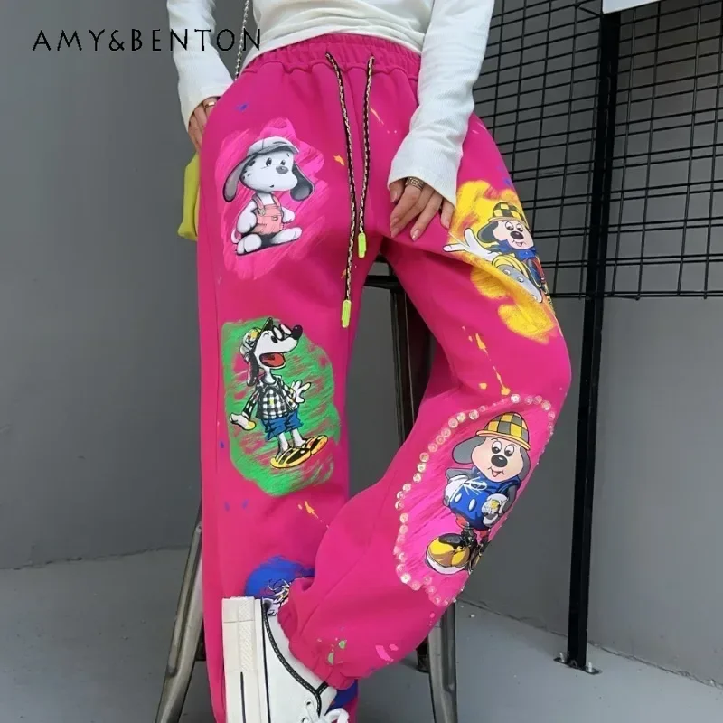 

Sweet Cute Casual Pants Women's Clothes High Waist And Thin Cartoon Loose Trousers Autumn Winter Tooling Sweatpants Four Colors