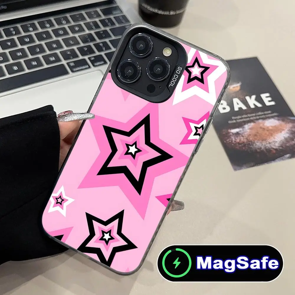 

Pastel Pink Star Pentagram Phone Case for iPhone 16 15 14 13 12 11 Pro Max Plus MagSafe Translucent Colour Protective Pretty