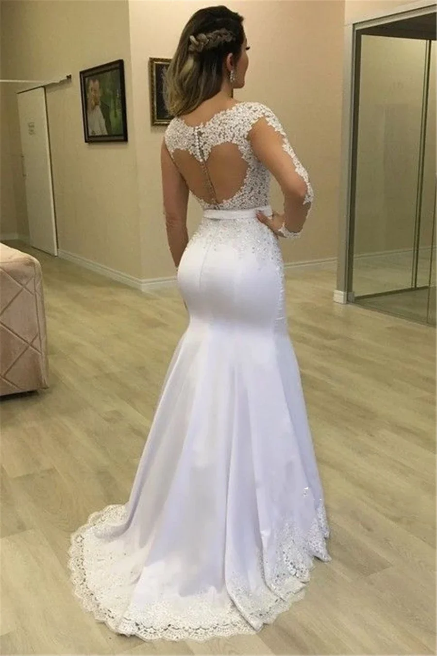 Elegante vestido De Novia blanco con cuello en V, apliques De encaje, manga larga, sirena, tren desmontable, largo hasta el suelo