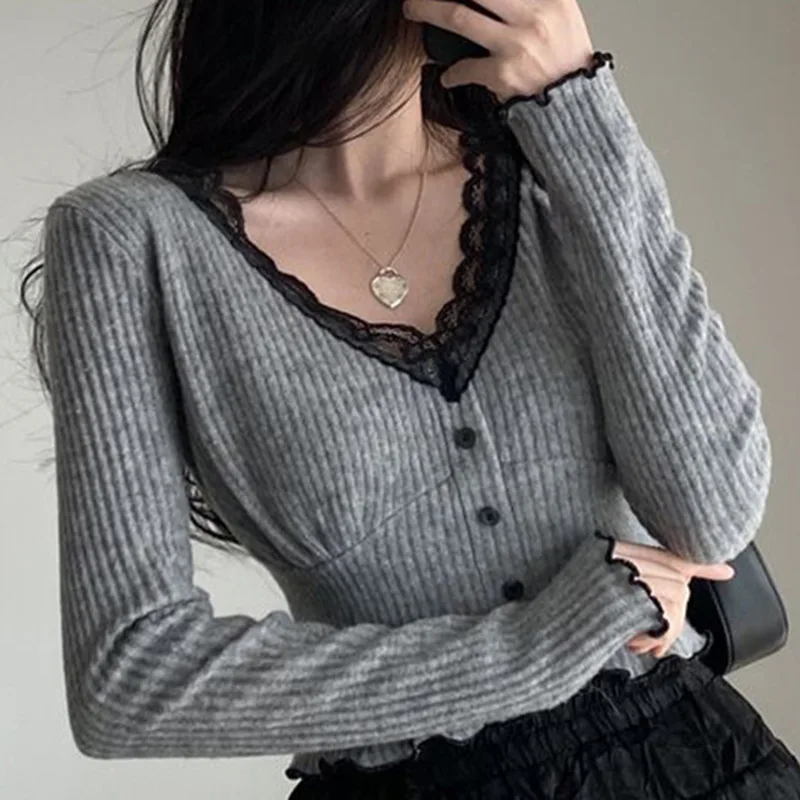 Jersey Sueter Tops Pullover V-neck Lace Edge Waist Knitted Y2k Clothes Grey 2024 Shirts for Women Grunge Sweet Crop Sweater