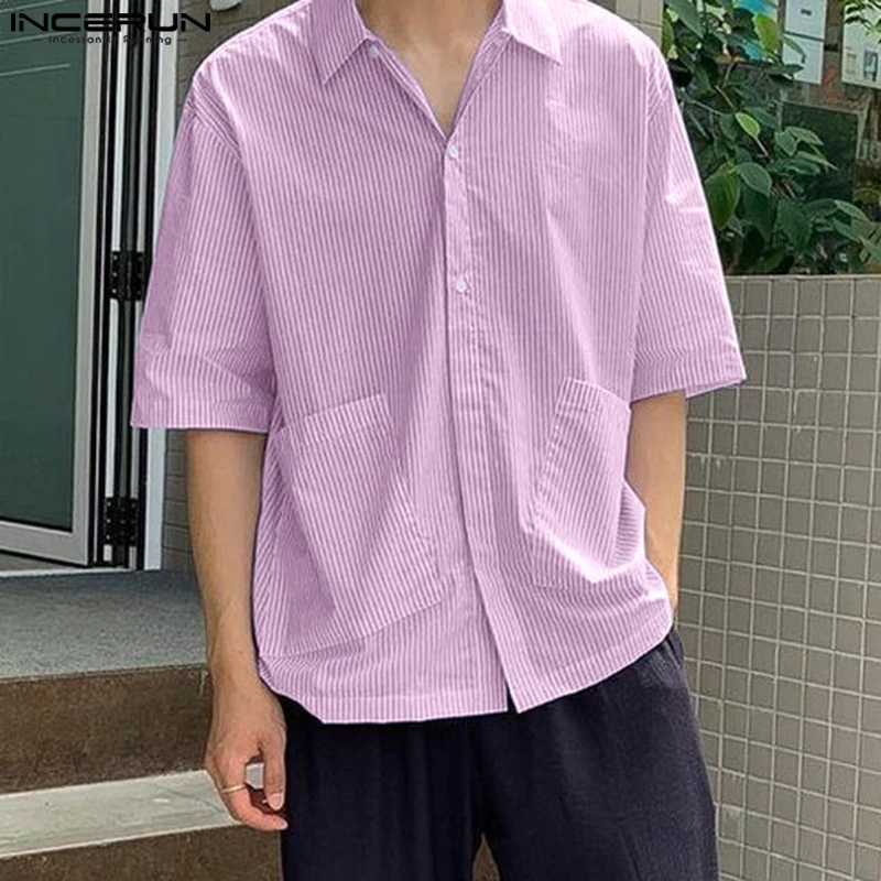 

INCERUN Men Shirt Striped Lapel Half Sleeve Button Pockets Casual Men Clothing Streetwear 2025 Summer Loose Korean Shirts S-5XL