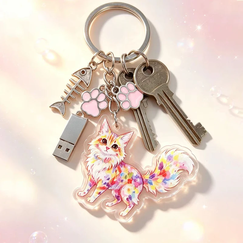 New Colored Maine Coon Acrylic Keychain Fishbone Claw Printed Combination Pendant Bag Small Pendant Holiday Cat Enthusiast Gift