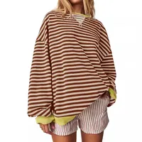 Casual Embroidered Striped Splicing Long Sleeve Crew Neck Pullover Hoodie Women's Clothing Comfortable Breathable Streetwear