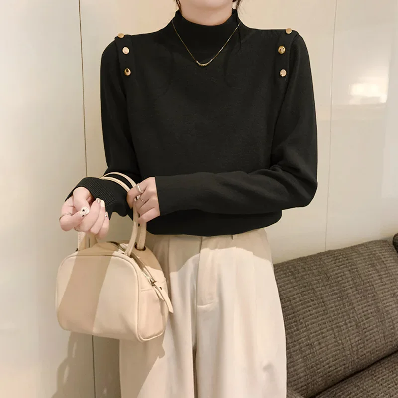 بلوفرات نسائية متماسكة سترات ضيقة غير رسمية بنصف ياقة عالية تقسم سترات سميكة للمكتب للسيدات عادية للخريف والشتاء