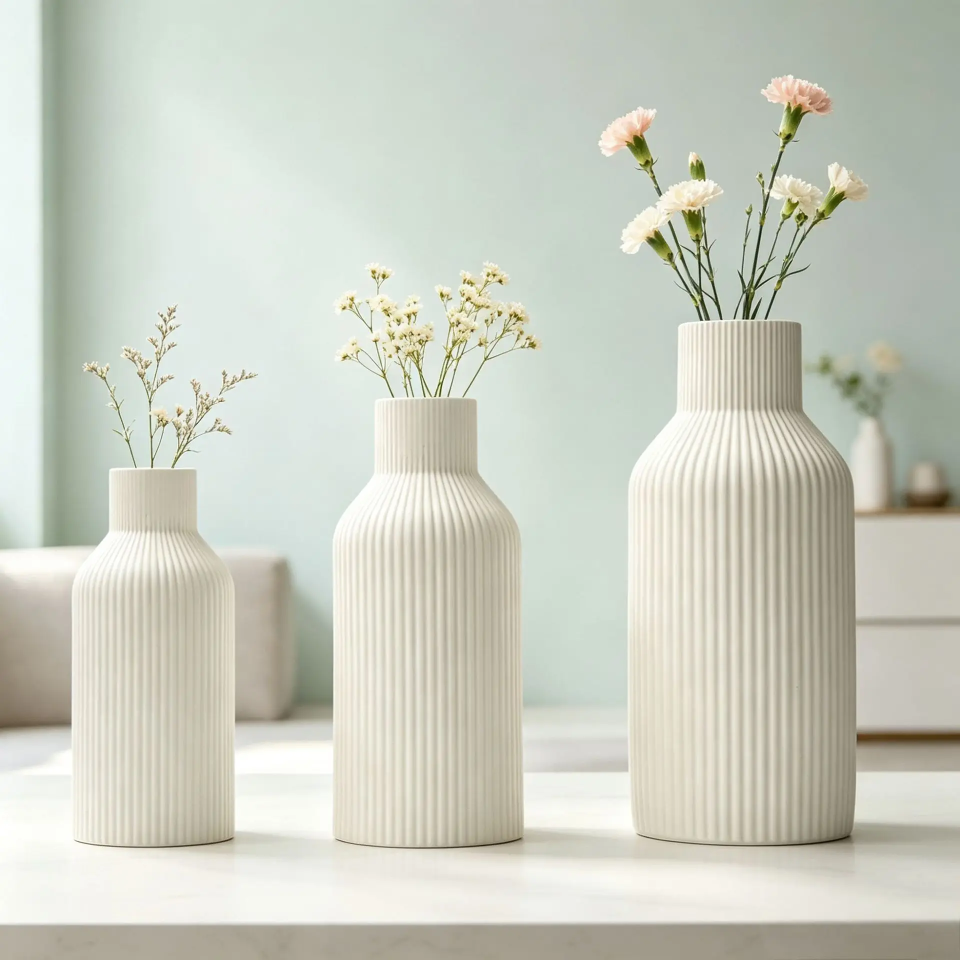 White Ceramic Striped Flower Household Utensils Dried Flower Bookshelf Living Room Decoration Vase Decorations Home Decoration