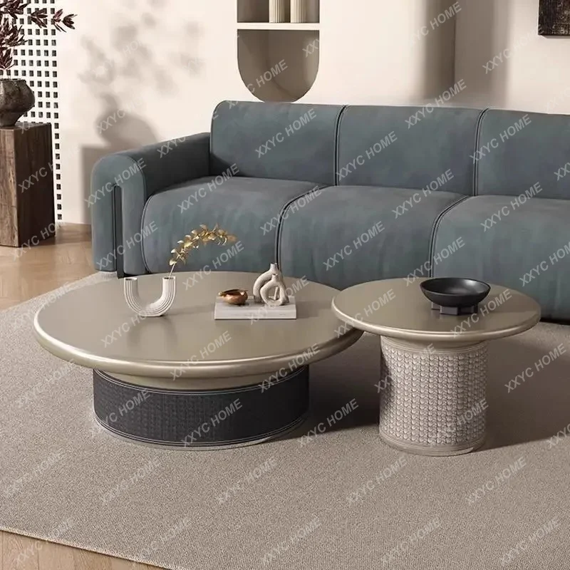 

light luxury round coffee table combination large and small apartment saddle leather high-end living room ho