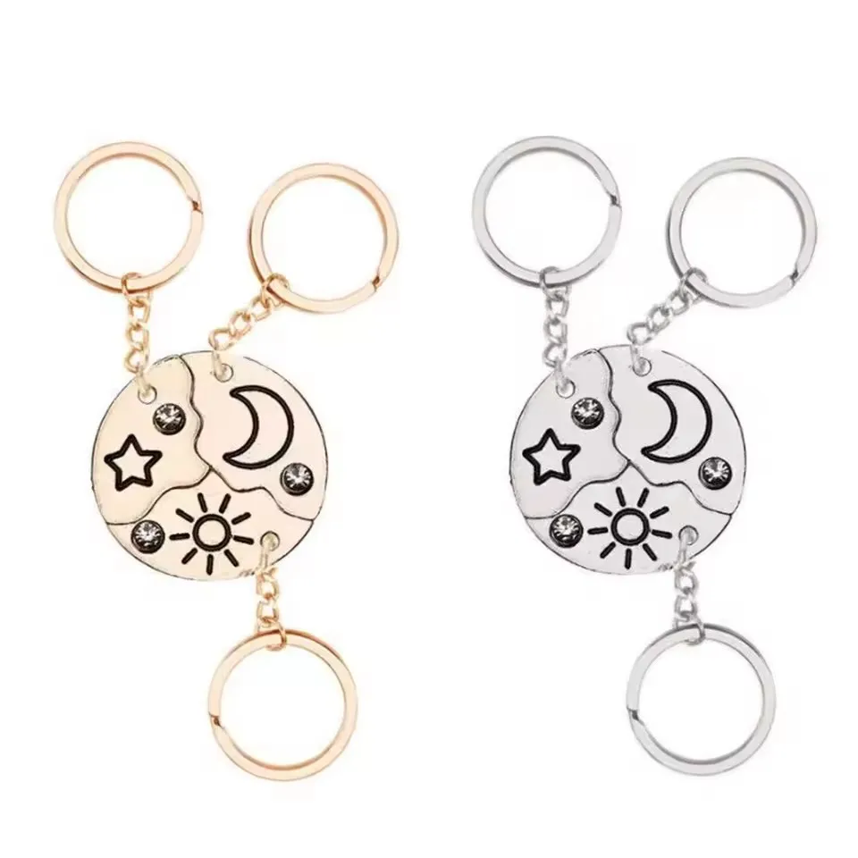 3Pcs Sun Moon Star Keychain for Men Women Round Shaped Stitching Pendant Key Chain Ring Holder BFF Friendship Party Gifts 2024