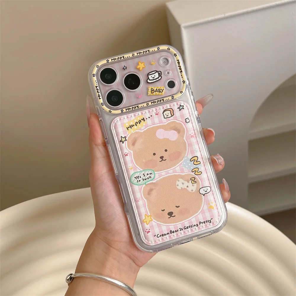 Korea Fashion Ins sleep Bear happy Phone Case For iPhone 18 Pro 15 16 17 Pro Max Cover Shockproof Cute Cases 18promax