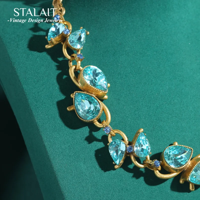 

Vintage Fashion Vine Fairy Necklaces Sea Blue Crystal Water Drop Short For Woman Antique Jewelry Accessories Chain Collar Party