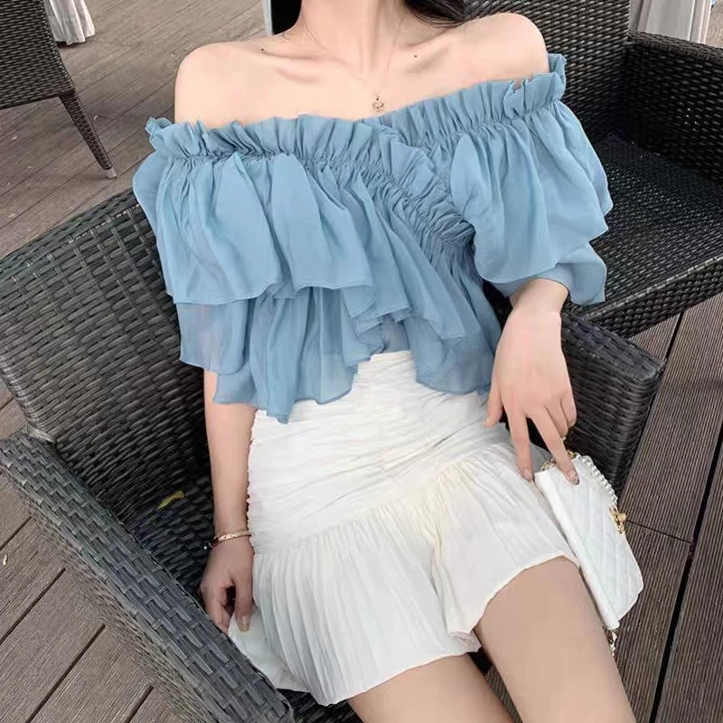 Blouses Women Aesthetic Ruffles Irregular Designed Hotsweet Crop Tops Sweet Summer Criss-cross Slim French Style Puff Sleeve New