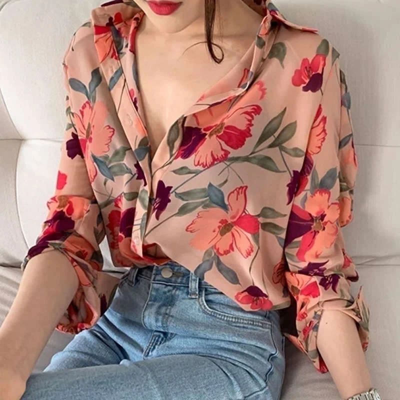 Chic Long Sleeve Women Shirt Korean Casual Elegant Transparent Thin Slim Blouse Lady Spring New Chiffon Floral Print Shirts