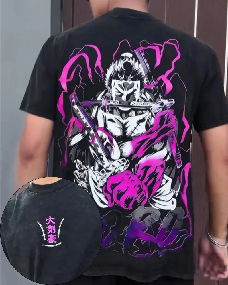 

ONE PIECE Japanese Anime Men's and Women's T-shirts Roronoa Zoro Retro Washed Old Pure Cotton Y2k Harajuku Short Sleeves