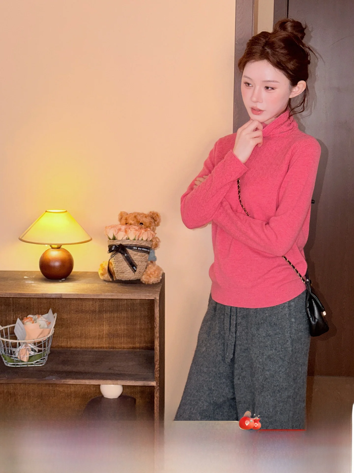 

Корейский вязаный шерстяной свитер Mijin с высоким воротником, облегающий, красный, базовый, для зимнего сезона, модная женская одежда