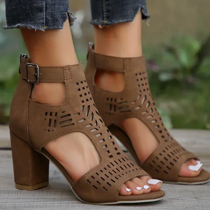 

Women Fashion Strap Sexy High Heel Sandals Woman Roman Hollow Pumps Lace-up Peep Toe Sandals Casual Chunky High-heeled Sandals