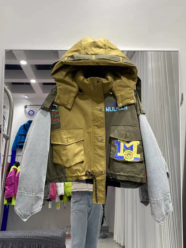 

Winter Denim Sleeve Patchwork Quilted Jacket Coat Female Short Hooded Down Jacket Women 90 White Duck Down Warm Parker Outwears