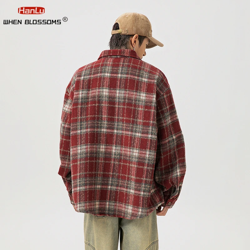 Japanese style retro plaid long sleeved shirt for men autumn new item lapel pocket shirt texture loose couple Coats for women