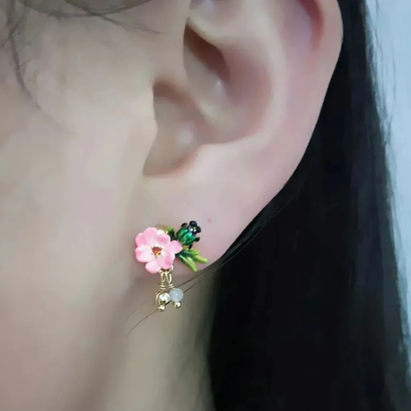 Compact Stylish Enamel Colored Pink Flower Butterfly Ladybug Stone Asymmetrical Earrings 925 Silver Needle Ear Clip for Women