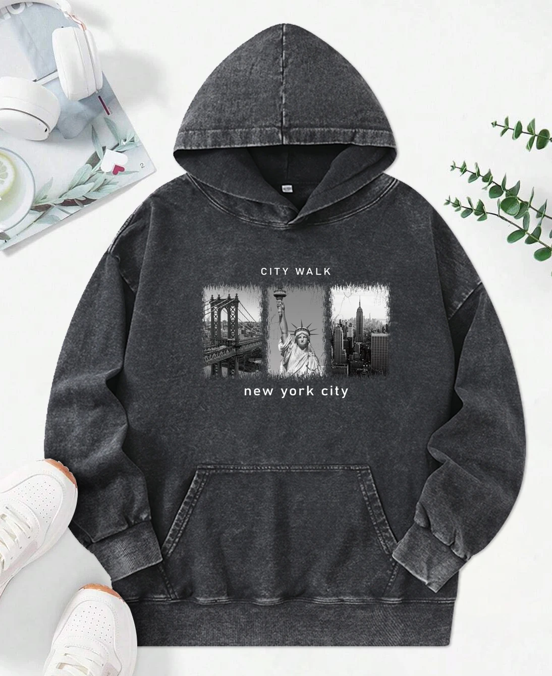 New York Beautiful Scenery Print Washed Hoodie Creative Oversize Hoody Casual Cotton Clothing Autumn Fashion Streetwear Female