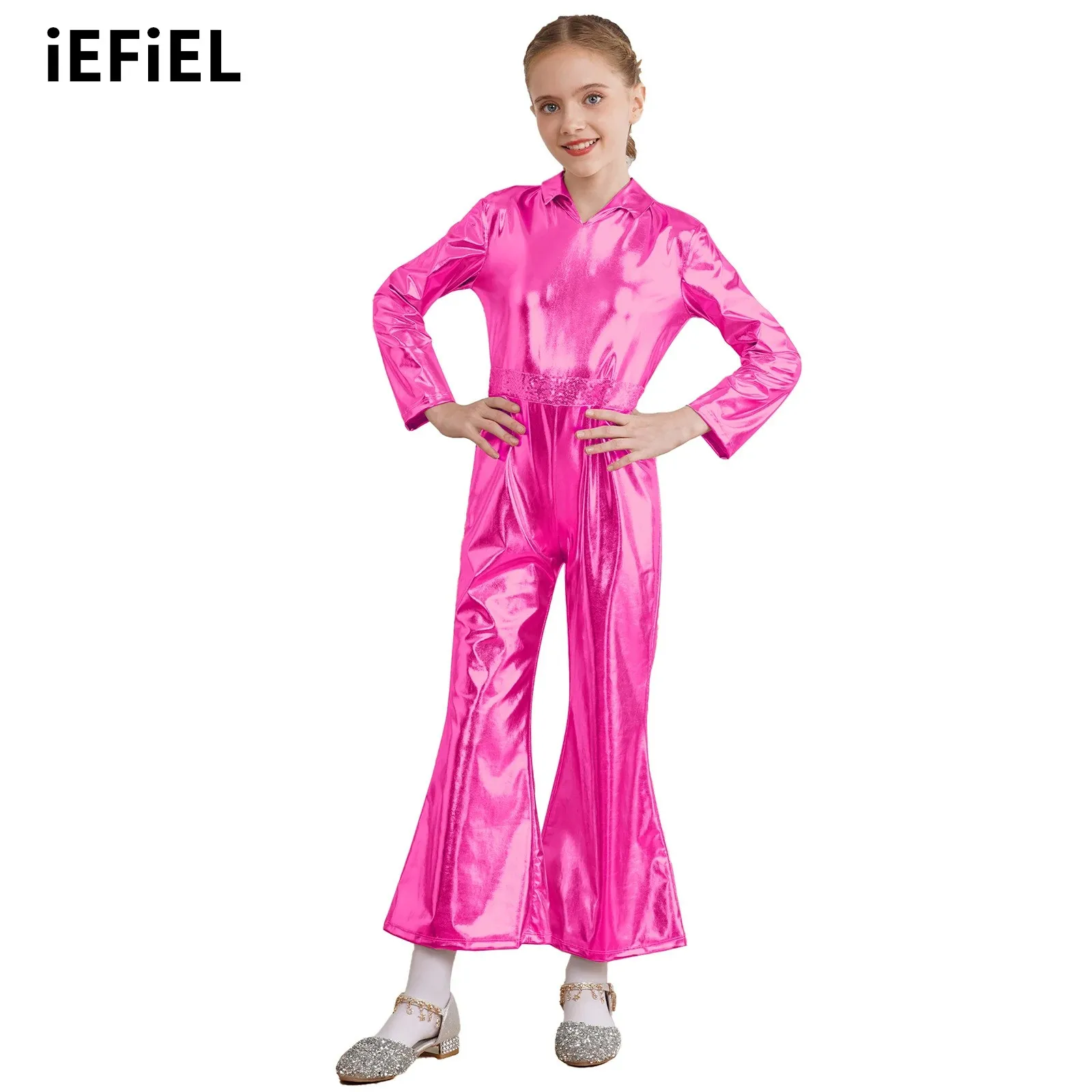 

Kids Boys Girls Metallic Shiny Leotard Disco Dance Jumpsuit Bell-Bottomed Halloween Role Play Stage Performance Costume