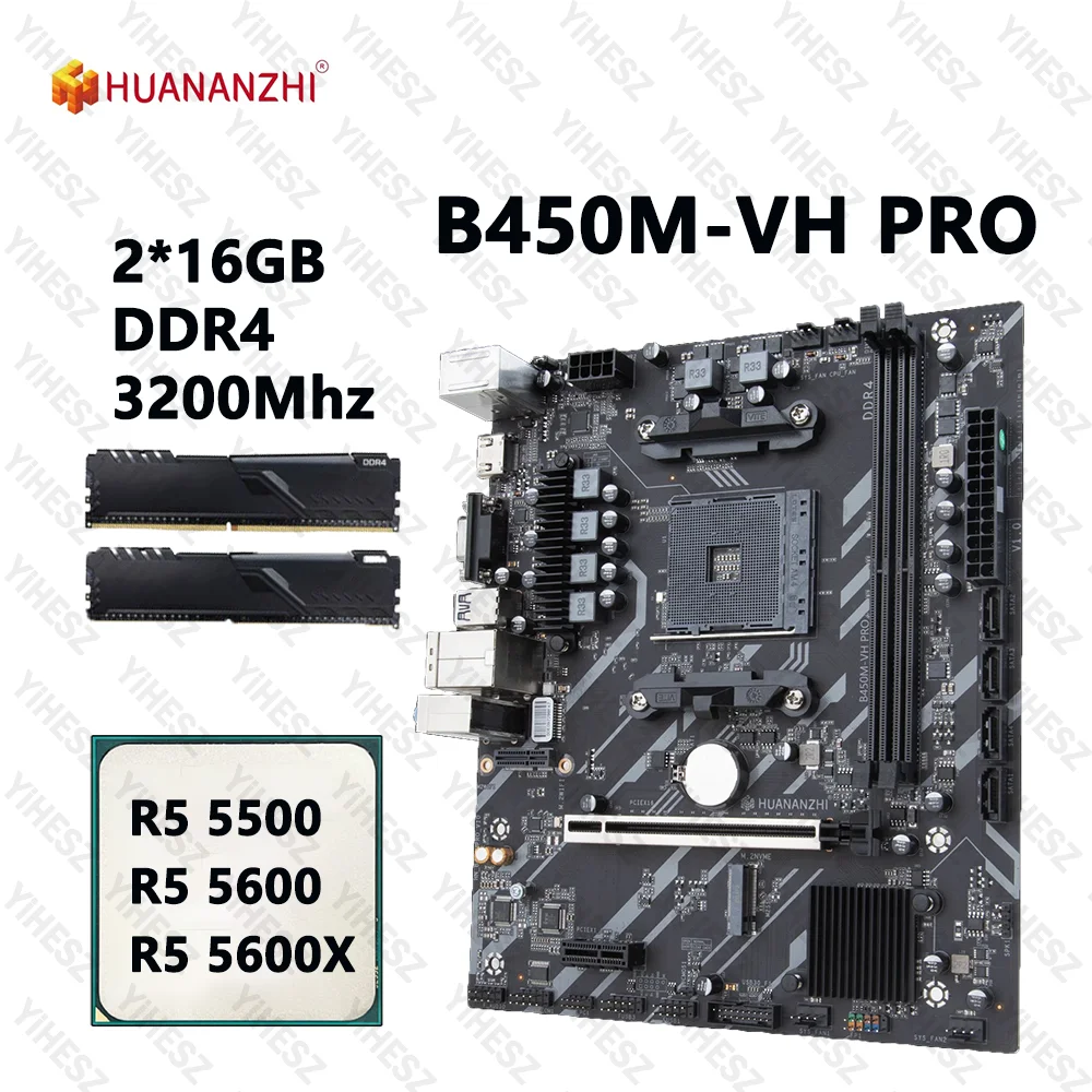 

Комплект материнской платы HUANANZHI B450M PRO с процессором AMD R5 5500/5600/5600X и 2*16 ГБ DDR4 3200 МГц поддерживает USB3.0 M.2 Nvme Sata3.0