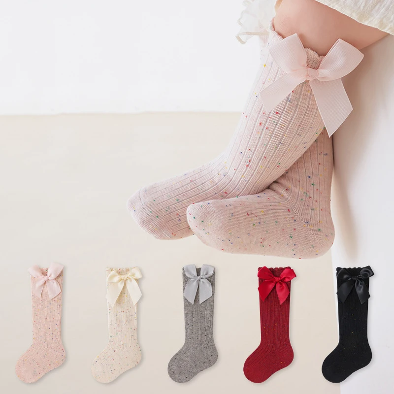 Toddler Baby Girls Socks Colorful Speckle Ribbed Girls Socks Big Bow Ruffle Cuff Kids Girls Socks for Party Dress Daily Wear