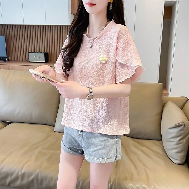

2025 Women's Casual Elegant Fashionable Trend Temperament Tee O-neck Irregular Short Sleeve Summer Pullovers Young Styl Tops