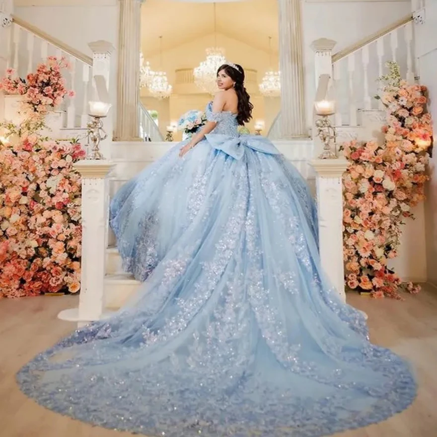 

Небесно-голубое платье Quinceanera с открытыми плечами, кружевные аппликации, корсет с бантом и бусинами, вечерние платья для дня рождения, Vestidos De 15 Anos Sweet 16, платье