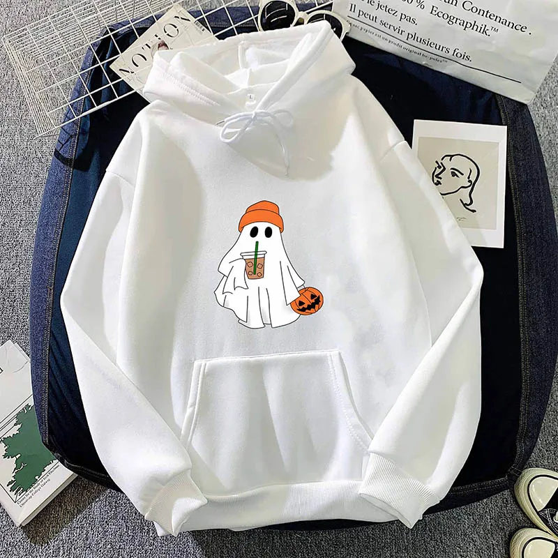 2024Autumn Hoodie Women's Casual Hooded Sweatshirt Creative Hoodie Matching Streetwear Ghost Milk Tea Pattern Monogram Hoodie