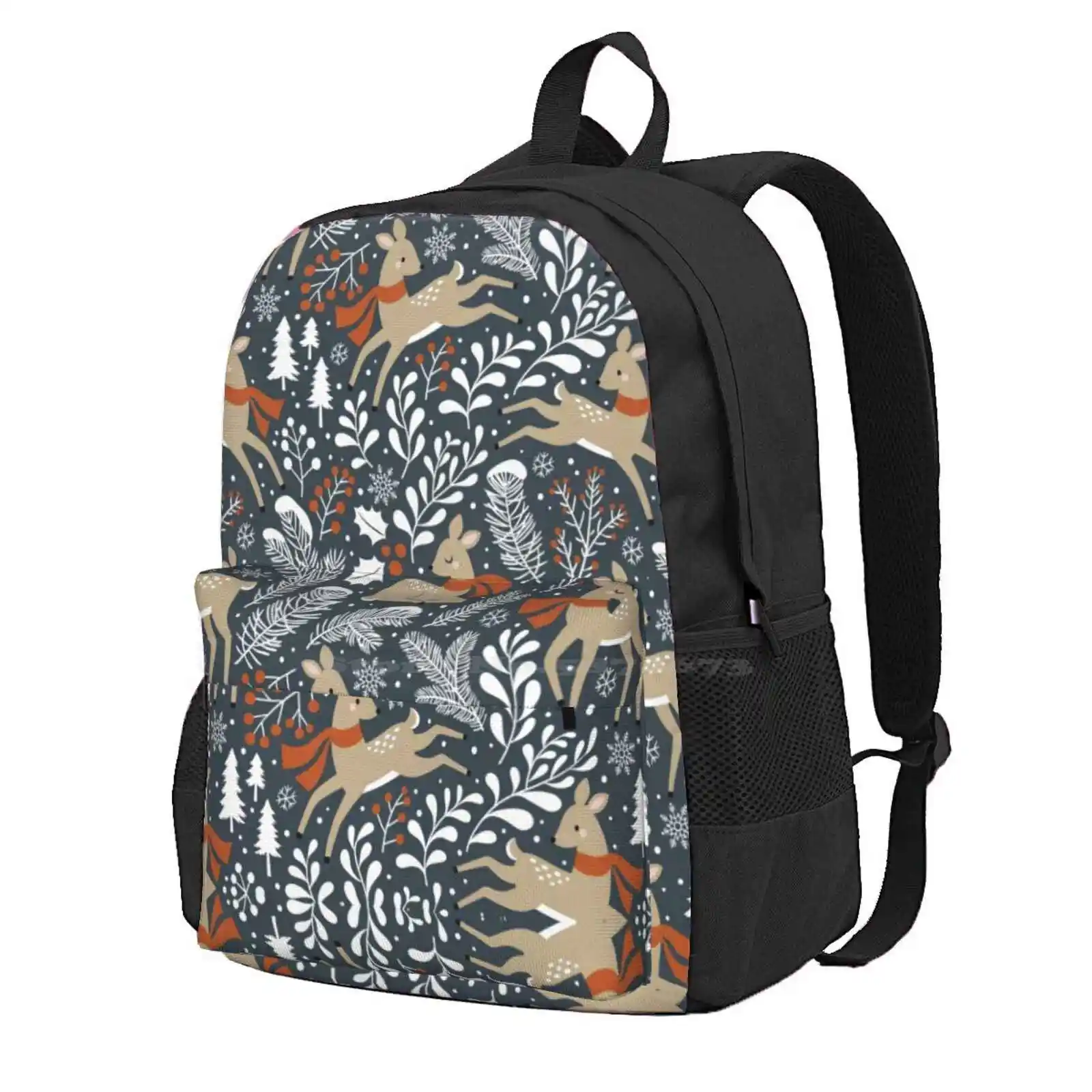 Winter Deer / Dark Grey Hot Sale Schoolbag Backpack Fashion Bags Christmas Winter Holiday Seasonal Snowy Snowflake Tree Deer