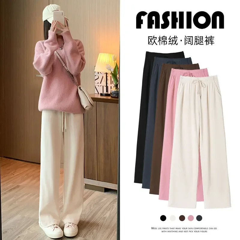 

Winter Women Padded Thickened Knit Warm Pants Casual Sportswear Baggy High-waisted Wide-legged Trousers Elastic Waist Sweatpants
