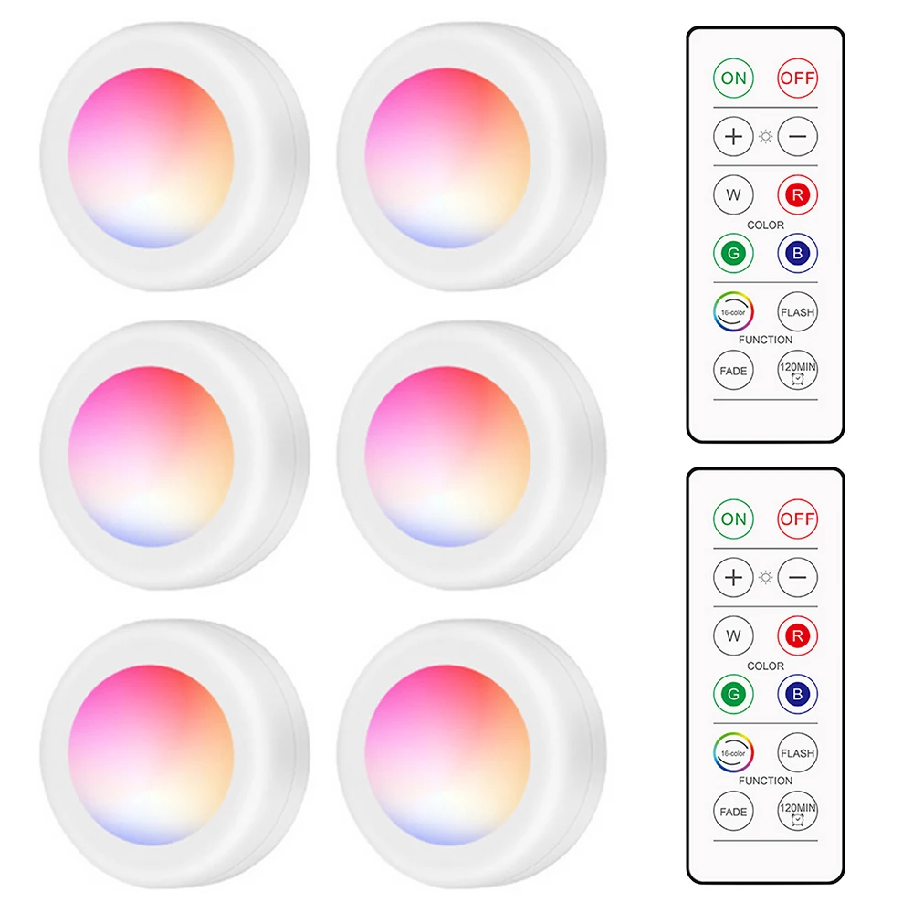 LED Puck Light Cabinet Lighting with Remote 16RGB Closet Light Timer Function Night Lamp for Kitchens Bathrooms Wardrobe Party