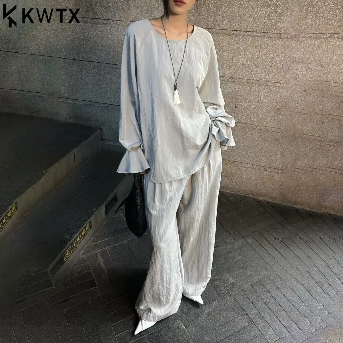 

KWTX Women's Two Piece Set 2025 New Elegant Round Neck Ruffle Cuffs Pullover High Waist Wide Leg Pants Casual Chic Solid Color