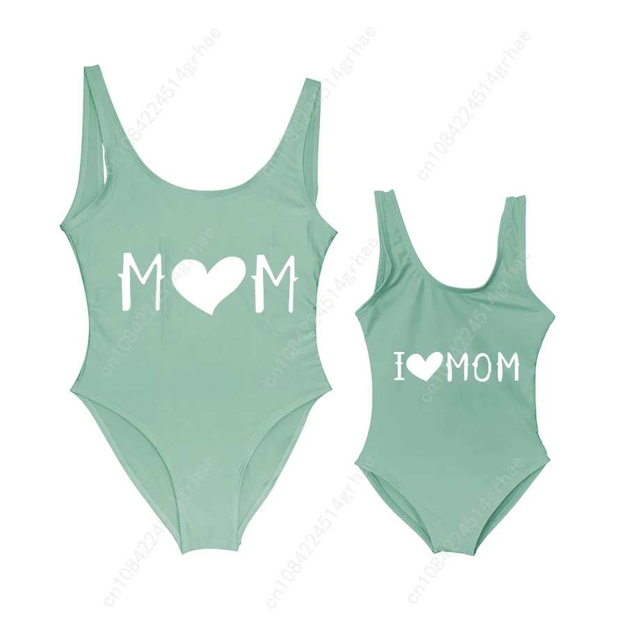 New Baby Swimwear Girls' One Piece Swimsuit I LOVE MOM Heart Letter Printing Bathing Suit Cute Mom Baby Bathing Suits Bather