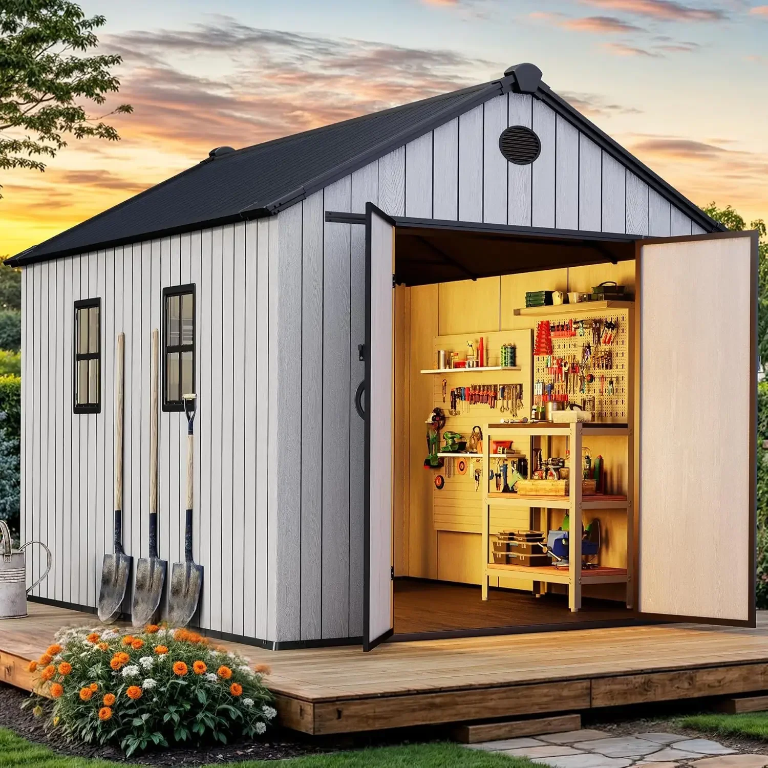 Plastic Garden Shed, Waterproof Heavy Duty Resin Shed with Floor, Vents & Lockable Doors for Patio, Bikes Tools Supplies, Gray