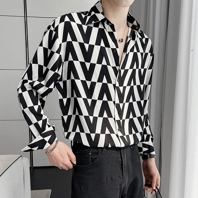 New Summer Men\'s Printed Shirts Oversized Clothing Casual Long Sleeve Striped Plaid Vintage Thin Draped Stretch Hawailan Blouses