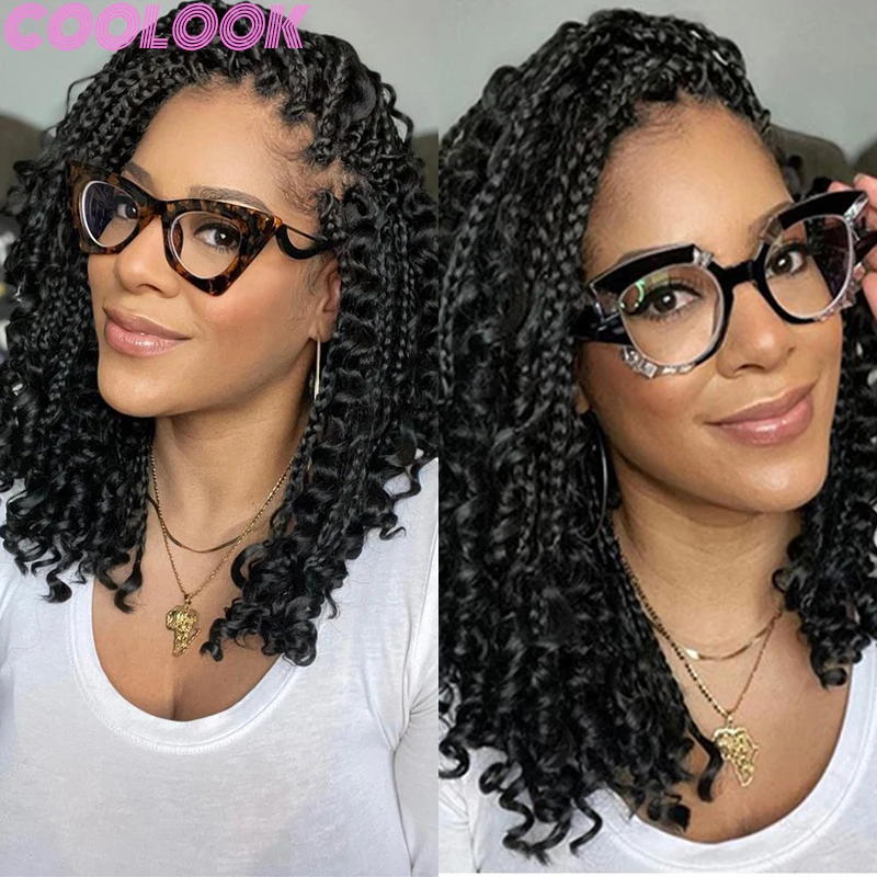 Black Synthetic Full Lace Box Braided Wig 12 Inch Bohemian Deep Wave Lace Frontal Braids Wig Goddess Faux Locs Wigs for Braiding