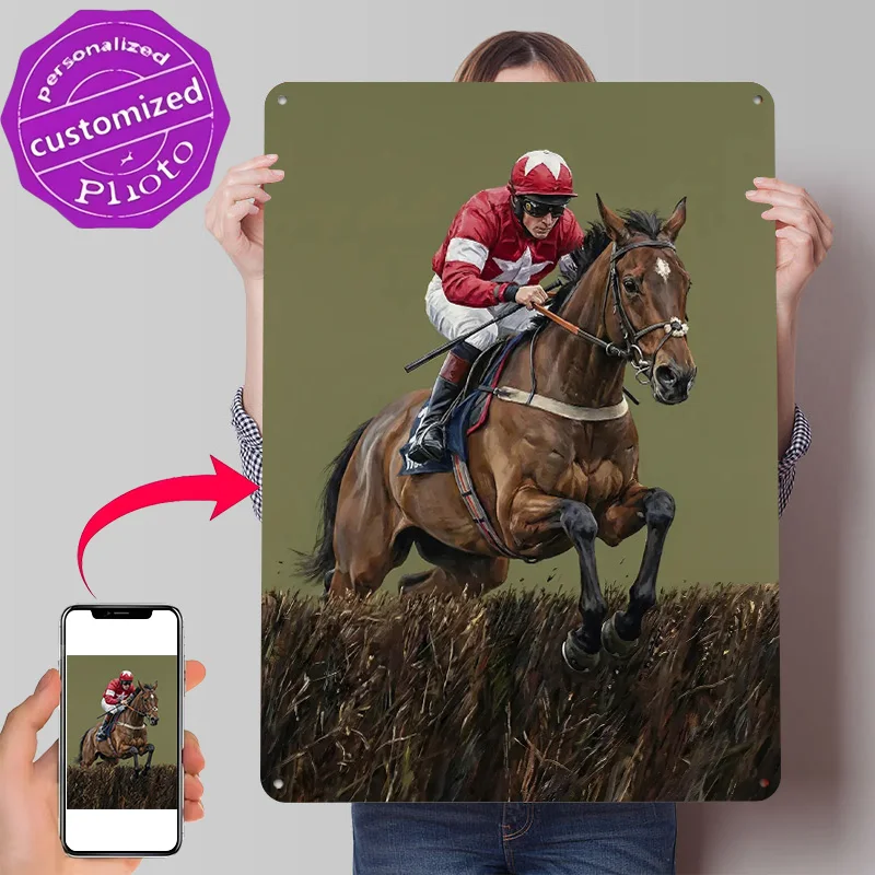 Jockey and Horse Jumping Fence Personalized 3D Textured Metal Poster Wall Art Vintage Tin Signs for Home Decoration Gaming House