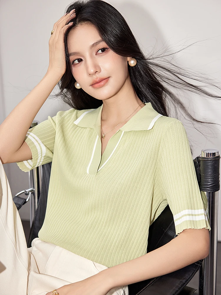 Korean Style Short Sleeve Lapel Shirt Summer New Fashion Solid Color Tops Elegant Knitted T-shirt For Women