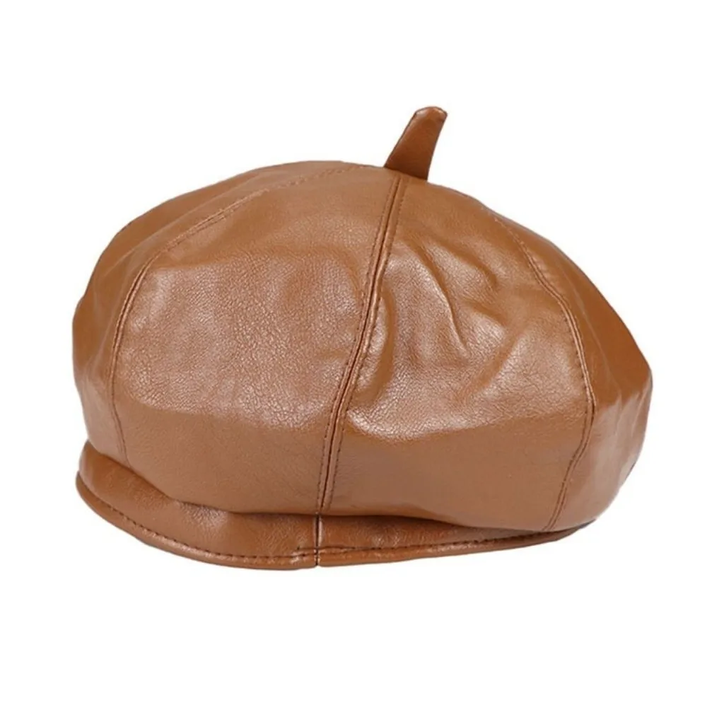 Elegant Solid Color PU Leather Beret Newsboy Cap British Style Octagonal Hat Artist Hat Pumpkin Cap Painter Hat Outdoor