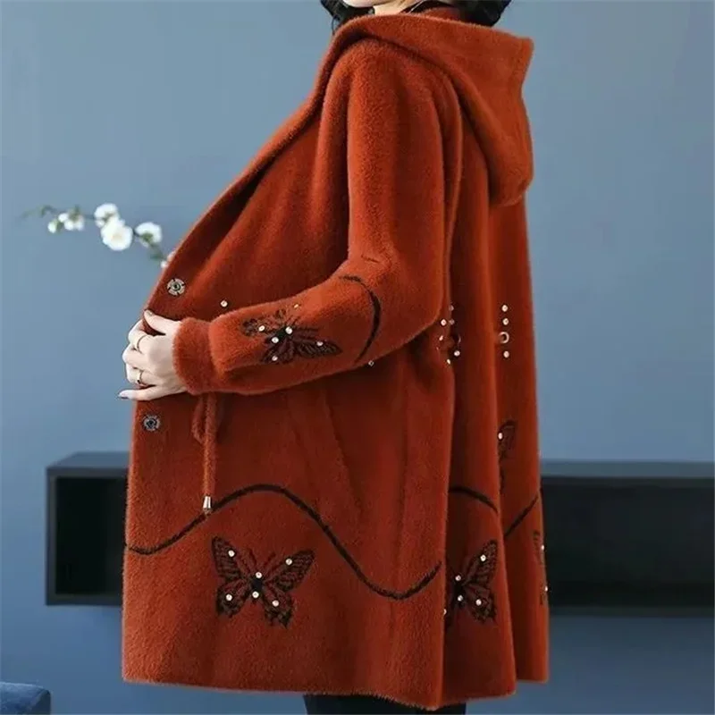 

Winter Imitation Mink Fleece Women Coat Hooded Mid Long Knitted Cardigan Sweater Tops Warm Middle Elderly Mom Outerwear A247