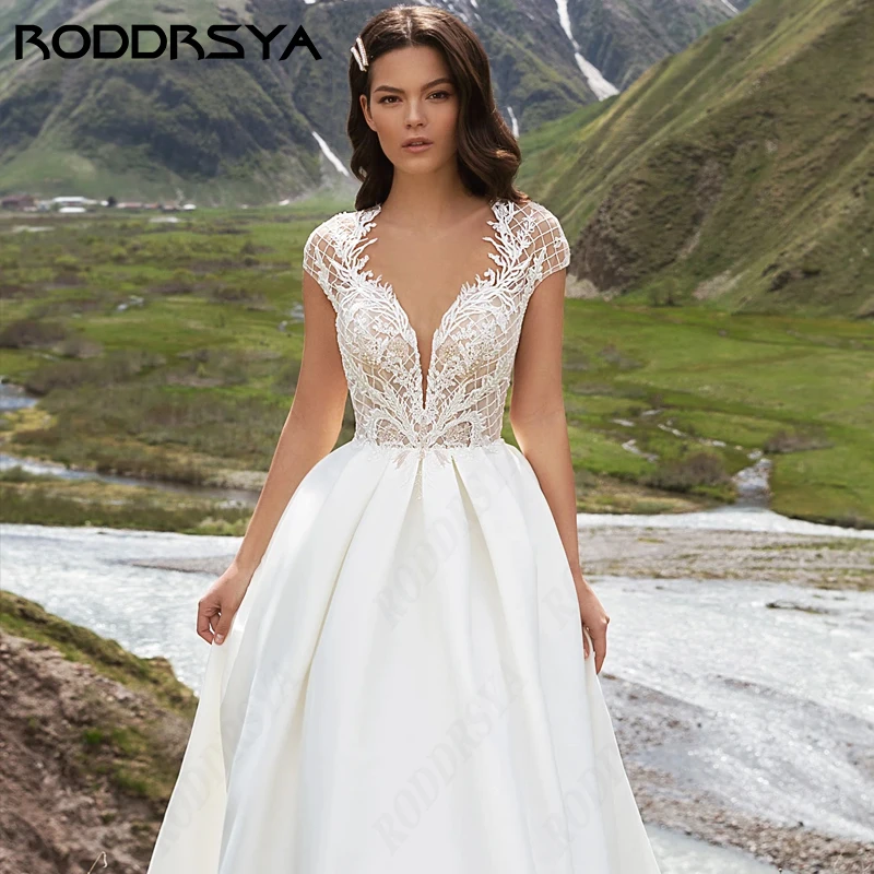 RODDRSYA Sexy V-Neck Lace A-line Wedding Dress Boho Cap Sleeve Insertable Pocket Bridal Party Soft Satin Backless Robe De Soirée