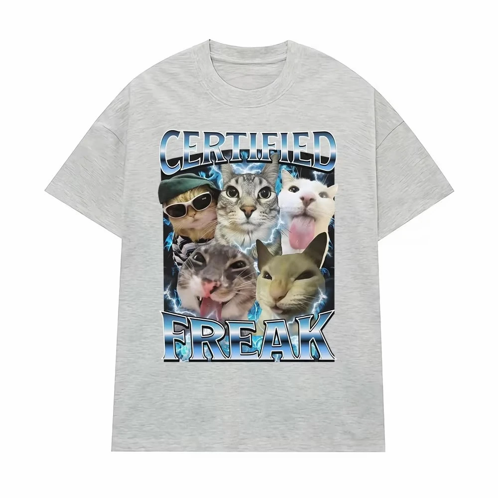 Certified freak funny cat emoji T-shirt clothing 90s retro cat pattern T-shirt for men and women fashionable and casual men