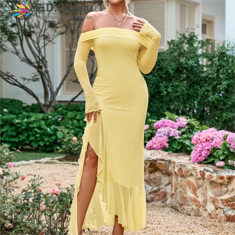 EDGLuLu Square Collar Off Shoulder Long Sleeved Elegant Party Dresses Woman High Slit Asymmetrical Yellow Long Dress 1129