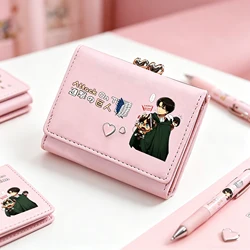 Attack On Titan Anime Short Wallets Kawaii ID Card Holders Pu Leather Coins Purse Women Pink Change Pockets Cartoon Clutch