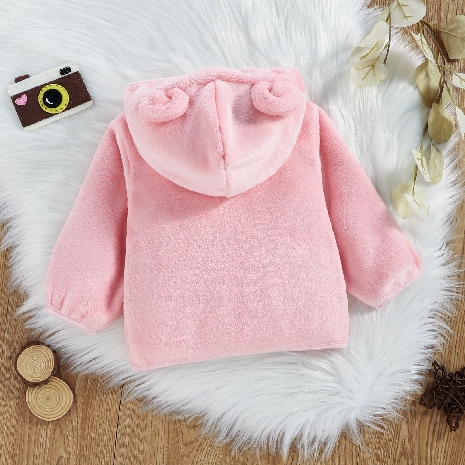 Girls Hooded Fleece Jacket Pink Casual Autumn Winter Coat for Babies Soft Plush Outerwear with Hat