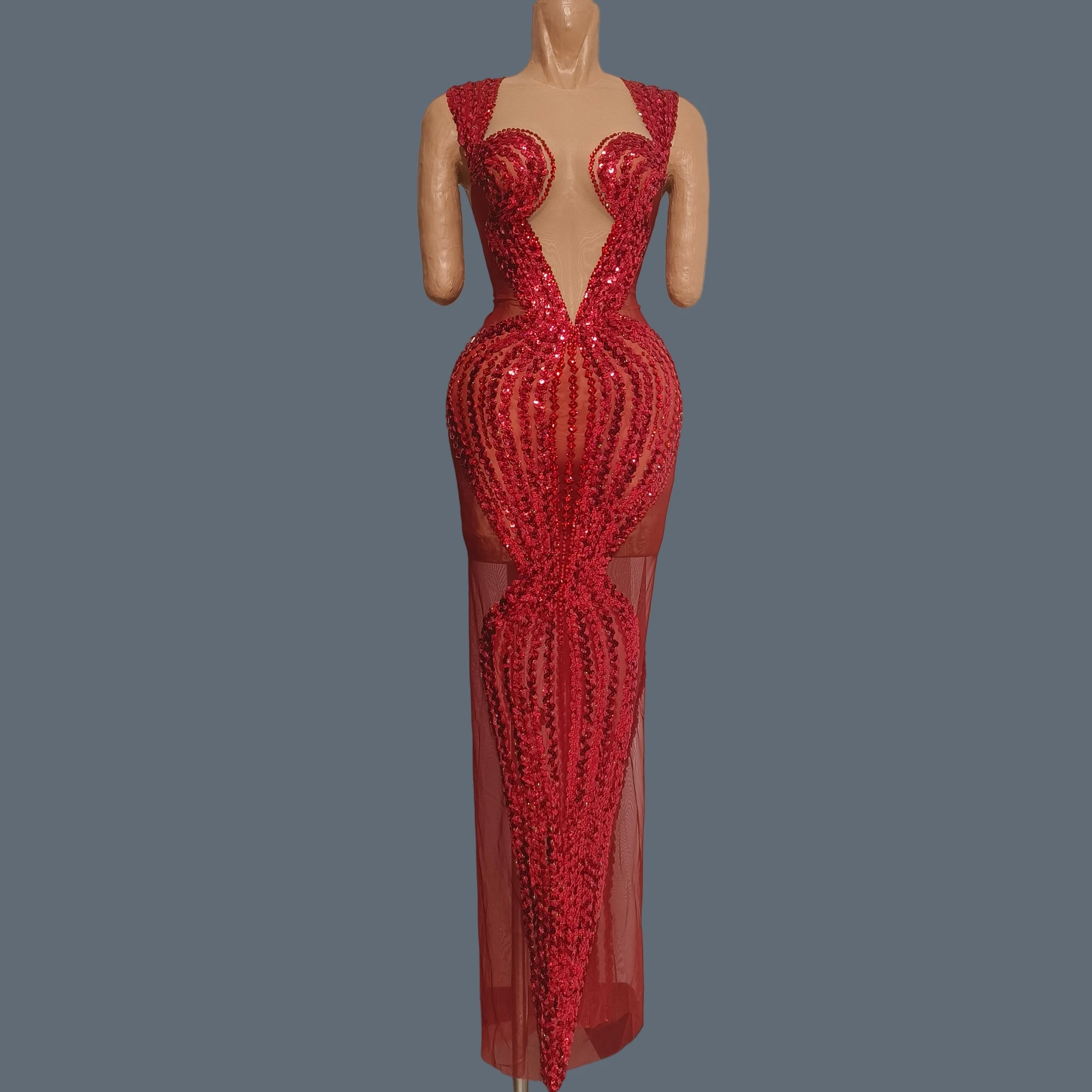 Sparkly Red Rhinestone Sequins Long Dresses High-end Birthday Party Tight Fitting Evening Dress Dance Gown Stage Show Wear Meili