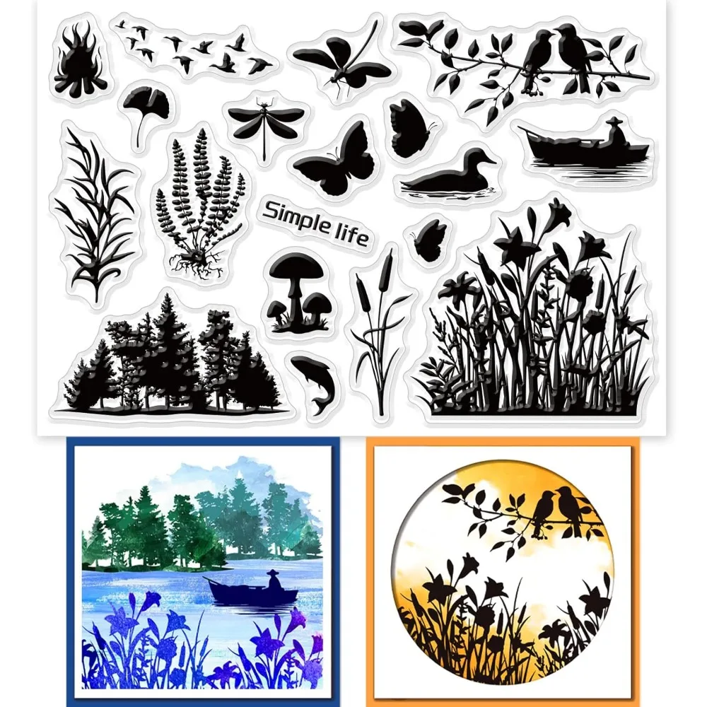 Lakeside Scenery Clear Stamps for DIY Scrapbooking Wetland Silhouette Silicone Clear Stamp Seals Transparent Stamps Making Kit